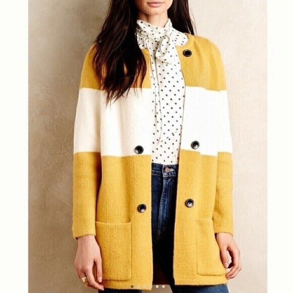 Anthropologie La Fee Verte Oversized Yellow & Cream Cardigan Sweater Size XS